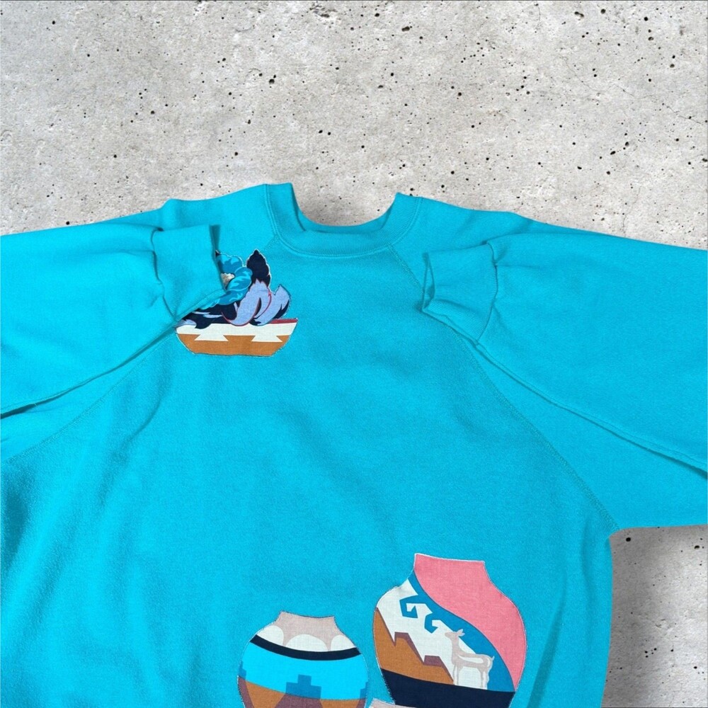 Vtg 90s Tultex Maximum Sweats Southwest Pottery Puff Print XL USA Turquoise - Picture 3 of 9